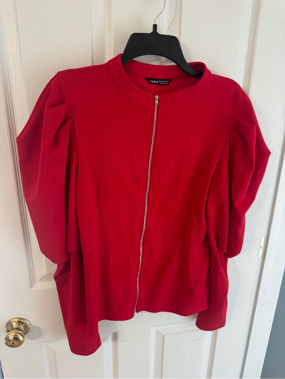 Red Zip-Front Puff Sleeve Bomber Jacket